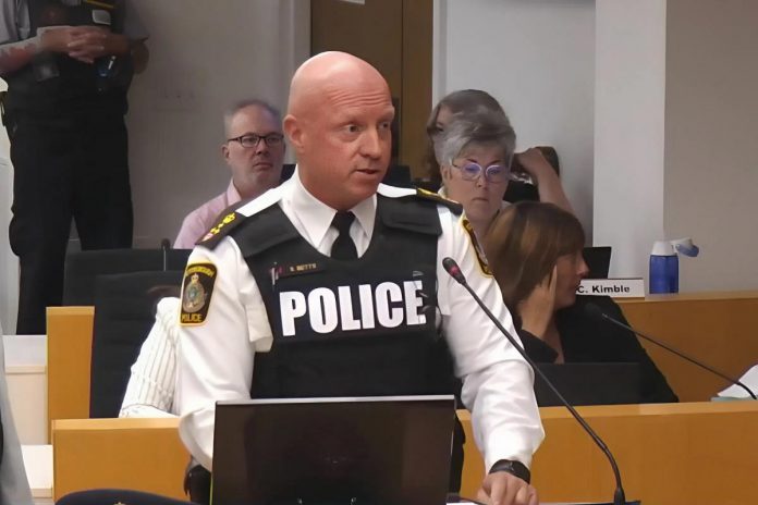 Police chief Stuart Betts addresses Peterborough city council about the project to renovate and expand the city's police stations during the general committee meeting on September 2, 2025. (kawarthaNOW screenshot of City of Peterborough video) Police chief Stuart Betts addresses Peterborough city council about the project to renovate and expand the city's police stations during the general committee meeting on September 2, 2025. (kawarthaNOW screenshot of City of Peterborough video)