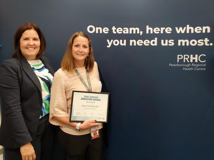 PRHC Foundation President & CEO Lesley Heighway (left) congratulated Rachel Whiteside, RN, after she was awarded a donor-funded Nursing Innovation Award during the inaugural Nursing Symposium held by PRHC on May 14, 2025. Recognizing creativity and leadership in nursing, the award was presented to Whiteside for her innovation in working with PRHC to suggest all Peterborough City and County ambulances be equipped with warming mattresses to better prevent hypothermia in neonates. (Photo courtesy of PRHC Foundation)