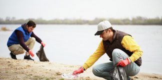 Two male volunteers collection trash on a beach. (Stock photo)