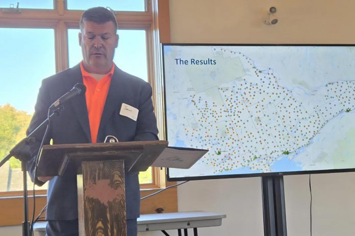 Eastern Ontario Regional Network (EORN) CEO Jason St. Pierre took to the podium during the second annual Warden's Breakfast in the Peterborough County Agricultural Heritage Building at Keene's Lang Pioneer Village Museum on September 30, 2025 to share progress made on improving cell and internet service in rural eastern Ontario. (Photo: Jeannine Taylor / kawarthaNOW)