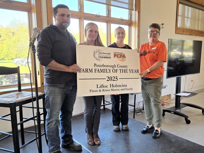 Lifloc Holsteins (Thom and Krista Murray and family) was recognized as the 2025 Peterborough County Farm Family of the Year during the second annual Warden's Breakfast in the Peterborough County Agricultural Heritage Building at Keene's Lang Pioneer Village Museum on September 30, 2025. The annual award is sponsored by the Peterborough County Federation of Agriculture and the Peterborough and Kawarthas Chamber of Commerce. (Photo: Jeannine Taylor / kawarthaNOW)