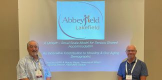 Abbeyfield House Society of Lakefield president Ron Black and Abbeyfield Canada executive director JP Melville at the Ontario East Municipal Conference in Ottawa in September 2023, when they gave a standing-room-only presentation about Abbeyfield Canada and the Abbeyfield Lakefield project. (Photo: Abbeyfield Canada)
