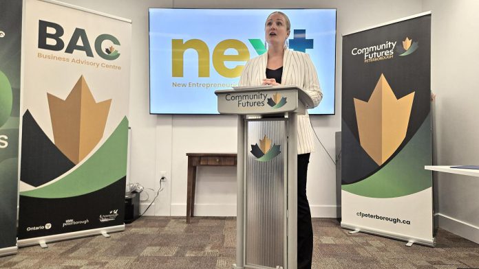 Community Futures Peterborough (CFP) executive director Devon Girard speaks during the announcement of the New Entrepreneurial eXploration Training (NEXT) program on October 29, 2025 at Venture North in downtown Peterborough. (Photo: Jeannine Taylor / kawarthaNOW)