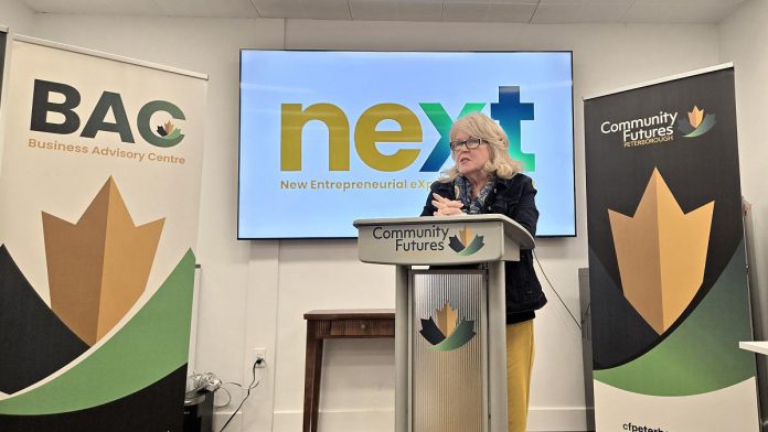 Peterborough County warden Bonnie Clark speaks during the announcement of the New Entrepreneurial eXploration Training (NEXT) program on October 29, 2025 at Venture North in downtown Peterborough. (Photo: Jeannine Taylor / kawarthaNOW)