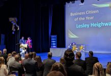 Lesley Heighway, president and CEO of the Peterborough Regional Health Centre (PRHC) Foundation, received a standing ovation as she accepted the Business Citizen of the Year award at the Peterborough and the Kawarthas Chamber of Commerce's 23rd annual Peterborough Business Excellence s at Showplace Performance Centre in downtown Peterborough on October 22, 2025. (Photo: Bruce Head / kawarthaNOW)