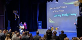 Lesley Heighway, president and CEO of the Peterborough Regional Health Centre (PRHC) Foundation, received a standing ovation as she accepted the Business Citizen of the Year award at the Peterborough and the Kawarthas Chamber of Commerce's 23rd annual Peterborough Business Excellence s at Showplace Performance Centre in downtown Peterborough on October 22, 2025. (Photo: Bruce Head / kawarthaNOW)