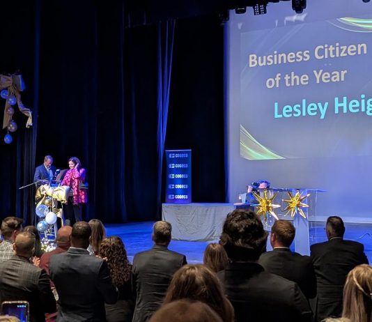 Lesley Heighway, president and CEO of the Peterborough Regional Health Centre (PRHC) Foundation, received a standing ovation as she accepted the Business Citizen of the Year award at the Peterborough and the Kawarthas Chamber of Commerce's 23rd annual Peterborough Business Excellence s at Showplace Performance Centre in downtown Peterborough on October 22, 2025. (Photo: Bruce Head / kawarthaNOW)