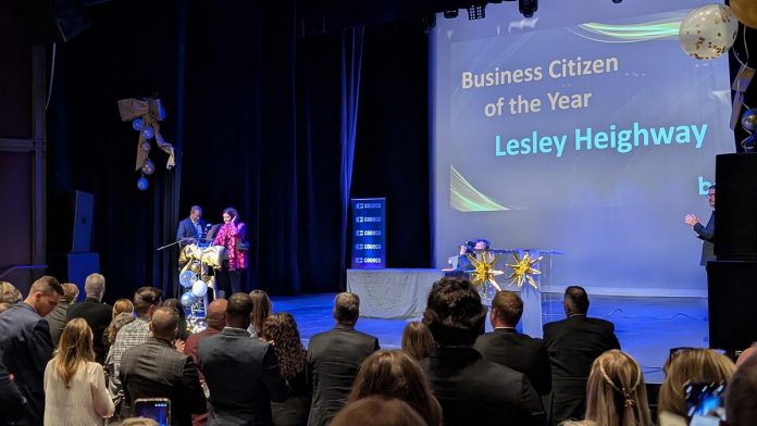 Lesley Heighway, president and CEO of the Peterborough Regional Health Centre (PRHC) Foundation, received a standing ovation as she accepted the Business Citizen of the Year award at the Peterborough and the Kawarthas Chamber of Commerce's 23rd annual Peterborough Business Excellence s at Showplace Performance Centre in downtown Peterborough on October 22, 2025. (Photo: Bruce Head / kawarthaNOW) Lesley Heighway, president and CEO of the Peterborough Regional Health Centre (PRHC) Foundation, received a standing ovation as she accepted the Business Citizen of the Year award at the Peterborough and the Kawarthas Chamber of Commerce's 23rd annual Peterborough Business Excellence s at Showplace Performance Centre in downtown Peterborough on October 22, 2025. (Photo: Bruce Head / kawarthaNOW)
