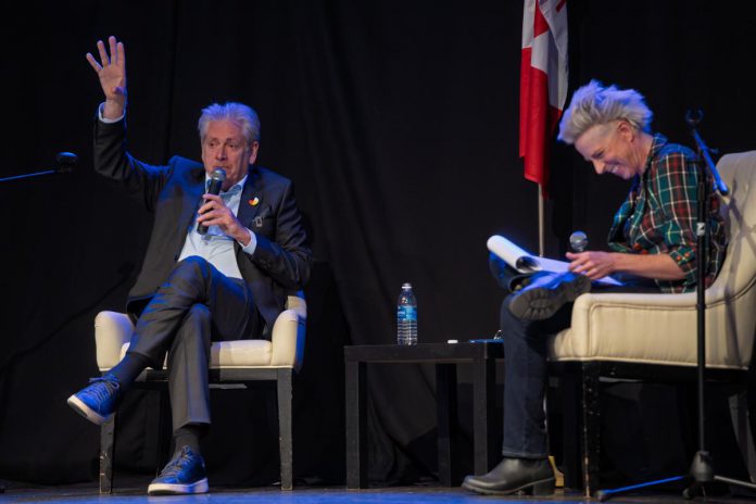 Following his keynote at The Venue in downtown Peterborough on October 15, 2025, former MP, activist, musician, and author Charlie Angus sat down for a conversation with local artist and novelist Kate Story. (Photo: Luke Best)