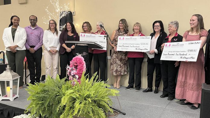 At its annual "Diva Night" educational and awareness event on October 23, 2025, The Dragon Flies Breast Cancer Survivor Group's founding members Jo-Ann Forson, Nancy Hanna, and Gail Payne presented three $7,500 cheques to representatives of the Port Perry Hospital Foundation, Ross Memorial Hospital Foundation, and Lakeridge Health Foundation Oshawa. Since it was formed in 2002, the group has raised $437,800 in support of breast cancer diagnosis and treatment. (Photo courtesy of Ross Memorial Hospital Foundation) At its annual "Diva Night" educational and awareness event on October 23, 2025, The Dragon Flies Breast Cancer Survivor Group's founding members Jo-Ann Forson, Nancy Hanna, and Gail Payne presented three $7,500 cheques to representatives of the Port Perry Hospital Foundation, Ross Memorial Hospital Foundation, and Lakeridge Health Foundation Oshawa. Since it was formed in 2002, the group has raised $437,800 in support of breast cancer diagnosis and treatment. (Photo courtesy of Ross Memorial Hospital Foundation)