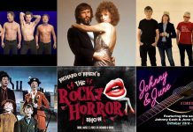 encoreNOW for October 6, 2025 features (from left to right, top and bottom) The Comic Strippers at Port Hope's Capitol Theatre, Beth McMaster's Showplace ode to Barbra Streisand and Kris Kristofferson, Sloan in concert at Lindsay's Academy Theatre, the 32nd Vintage Film Festival in Port Hope, The Rocky Horror Show at Bancroft's Village Playhouse, and a tribute to Johnny Cash and June Carter at Bobcaygeon's Globus Theatre. (kawarthaNOW collage)