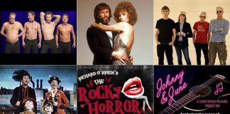 encoreNOW for October 6, 2025 features (from left to right, top and bottom) The Comic Strippers at Port Hope's Capitol Theatre, Beth McMaster's Showplace ode to Barbra Streisand and Kris Kristofferson, Sloan in concert at Lindsay's Academy Theatre, the 32nd Vintage Film Festival in Port Hope, The Rocky Horror Show at Bancroft's Village Playhouse, and a tribute to Johnny Cash and June Carter at Bobcaygeon's Globus Theatre. (kawarthaNOW collage)