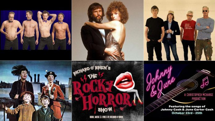 encoreNOW for October 6, 2025 features (from left to right, top and bottom) The Comic Strippers at Port Hope's Capitol Theatre, Beth McMaster's Showplace ode to Barbra Streisand and Kris Kristofferson, Sloan in concert at Lindsay's Academy Theatre, the 32nd Vintage Film Festival in Port Hope, The Rocky Horror Show at Bancroft's Village Playhouse, and a tribute to Johnny Cash and June Carter at Bobcaygeon's Globus Theatre. (kawarthaNOW collage)