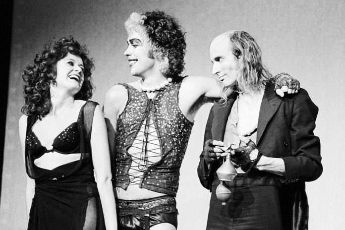 Patricia Quinn as Magenta, Tim Curry as Dr. Frank-N-furter, and Richard O'Brien as Riff Raff from the original cast of the 1973 production of "The Rocky Horror Show" in London, U.K. (Photo: Alamy)