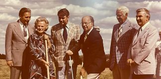 Rotary’s starring role in establishing Five Counties Children’s Centre At the 1974 sod turning for the "new" Five Counties Children's Centre being built on Dutton Road in Peterborough, Mrs. J.H.C. Willoughby, the 100-year-old daughter of original property owner and former MP George Hillaire, joined then Peterborough Mayor Phil Turner and then Peterborough MPP John Turner for the event. Local Rotarians who inspired the project stand in the back row: director Ed Meyer, president Clair Hilborn, and director Carol Ciscoe. (Photo courtesy of Five Counties Children's Centre)