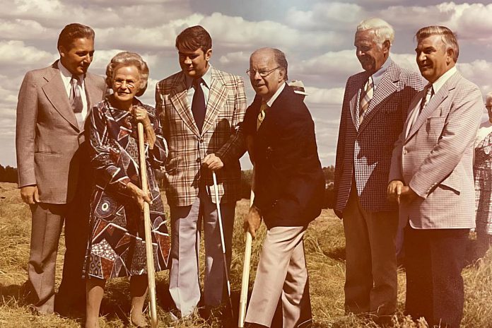 At the 1974 sod turning for the "new" Five Counties Children's Centre being built on Dutton Road in Peterborough, Mrs. J.H.C. Willoughby, the 100-year-old daughter of original property owner and former MP George Hillaire, joined then Peterborough Mayor Phil Turner and then Peterborough MPP John Turner for the event. Local Rotarians who inspired the project stand in the back row: director Ed Meyer, president Clair Hilborn, and director Carol Ciscoe. (Photo courtesy of Five Counties Children's Centre) At the 1974 sod turning for the "new" Five Counties Children's Centre being built on Dutton Road in Peterborough, Mrs. J.H.C. Willoughby, the 100-year-old daughter of original property owner and former MP George Hillaire, joined then Peterborough Mayor Phil Turner and then Peterborough MPP John Turner for the event. Local Rotarians who inspired the project stand in the back row: director Ed Meyer, president Clair Hilborn, and director Carol Ciscoe. (Photo courtesy of Five Counties Children's Centre)