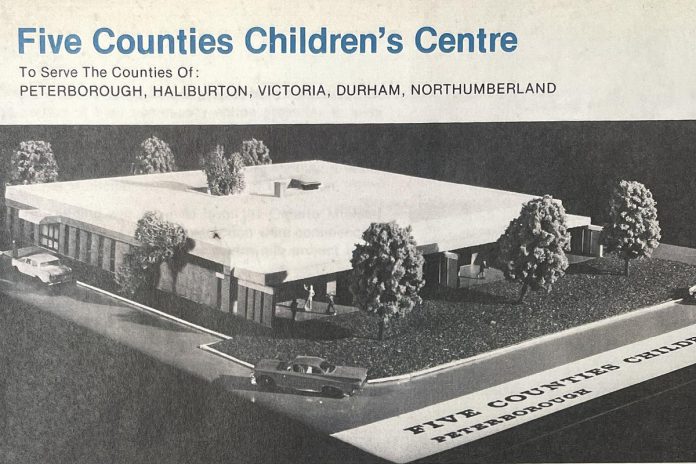 The original conceptual drawing from the early 1970s of what the Five Counties Children’s Centre would look like, based on the design of a similar centre in St. Catharines. The drawing was part of a 1974 brochure that was created to state the case for why such a children’s treatment centre was needed. Approximately 20 per cent of the original $720,0000 building cost was raised locally, with much of it being pledged by nine local Rotary Clubs. (Photo courtesy of Five Counties Children’s Centre)