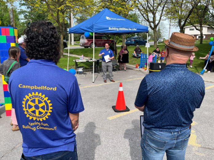 Members of the Rotary Club of Campbellford joined Five Counties at a 50th anniversary family fun event in May 2025 at its site in Campbellford. Campbellford Rotarians were among those clubs that embraced and supported the establishment of Five Counties in the region in the early 1970s. (Photo courtesy of Five Counties Children’s Centre)