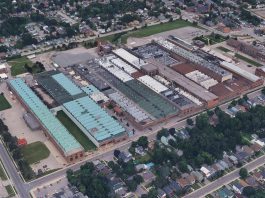 The General Electric factory complex at 107 Park Street North in downtown Peterborough, which began operations in 1891 as the Canadian Works of the Thomas Edison Company and later continued under General Electric. The site includes a complex of 33 buildings built between 1891 and 1981 and used for industrial manufacturing and ancillary purposes. In 2018, General Electric ceased its manufacturing activities on the site, with most of the buildings now decommissioned with machinery and equipment removed. (Photo: Google Earth)