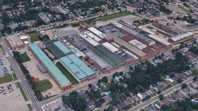 The General Electric factory complex at 107 Park Street North in downtown Peterborough, which began operations in 1891 as the Canadian Works of the Thomas Edison Company and later continued under General Electric. The site includes a complex of 33 buildings built between 1891 and 1981 and used for industrial manufacturing and ancillary purposes. In 2018, General Electric ceased its manufacturing activities on the site, with most of the buildings now decomissioned with machinery and equipment removed. (Photo: Google Earth)
