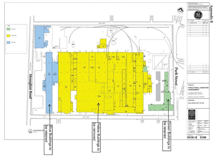 GEPR Energy Canada Inc., the owner of the historic General Electric factory complex at 107 Park Street North in downtown Peterborough, is proposing demolishing all the vacant and unused buildings marked as yellow in the centre block of the complex, while retaining the buildings marked as blue and green as they are currently in use or have heritage value. (Illustration: Barry Bryan Associates)