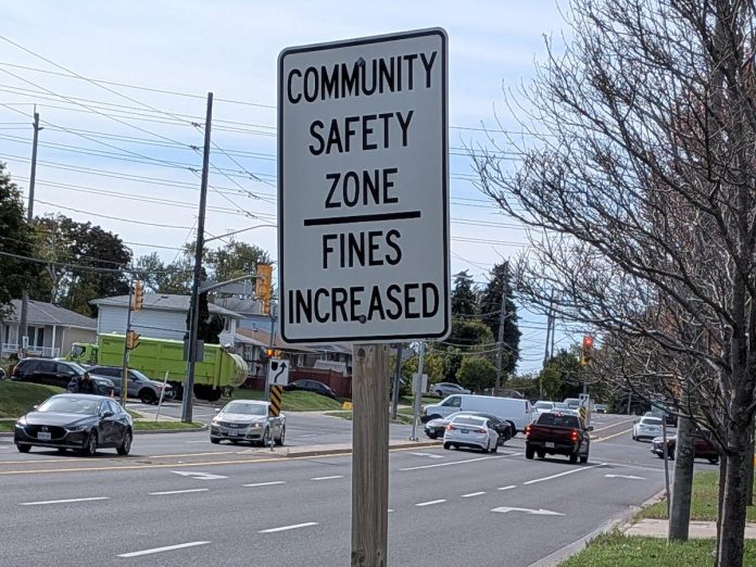 Community safety zones are designated stretches of roadway where public safety is of great concern. This can include roadways near schools, seniors' centres, daycares, hospitals, or parks. These zones mean increased penalties for not following the rules of road and are used as one tool to deter unsafe driving. (Photo: Ashley Burnie Seeds / GreenUP)