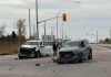 A white pickup truck with four occupants and an unmarked OPP cruiser driven by an on-duty officer collided at the intersection of Highway 7 and Television Road in Peterborough on October 19, 2025. There were no serious injuries. (Photo: Peterborough County Ontario Provincial Police)