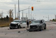 A white pickup truck with four occupants and an unmarked OPP cruiser driven by an on-duty officer collided at the intersection of Highway 7 and Television Road in Peterborough on October 19, 2025. There were no serious injuries. (Photo: Peterborough County Ontario Provincial Police)