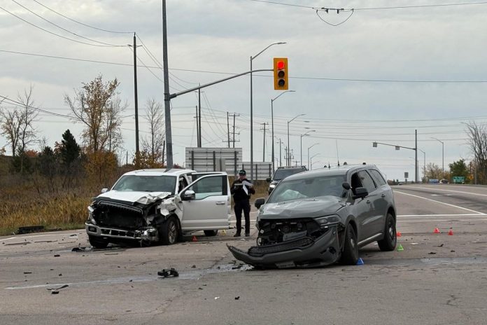 A white pickup truck with four occupants and an unmarked OPP cruiser driven by an on-duty officer collided at the intersection of Highway 7 and Television Road in Peterborough on October 19, 2025. There were no serious injuries. (Photo: Peterborough County Ontario Provincial Police) A white pickup truck with four occupants and an unmarked OPP cruiser driven by an on-duty officer collided at the intersection of Highway 7 and Television Road in Peterborough on October 19, 2025. There were no serious injuries. (Photo: Peterborough County Ontario Provincial Police)