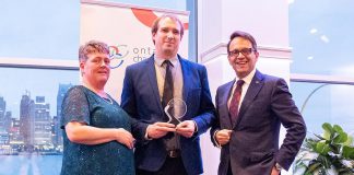 Joel Wiebe (middle) receiving the James Gordon Carnegie Memorial Award from the Ontario Chamber of Commerce in April 2025. After almost five years with the Peterborough and Kawarthas Chamber of Commerce, including the past three as vice president of government relations and operations, Wiebe is leaving the chamber on October 3, 2025 to take on the role of senior advisor, community relations with Alto, Canada's first high-speed railway, which is currently under development. (Photo: Ontario Chamber of Commerce)