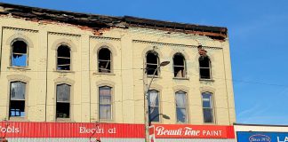 The building at 24 Queen Street in downtown Lakefield on October 10, 2025, the day after a fire engulfed the upper level apartments as well as Kawartha Home Hardware on the main floor. (Photo courtesy of Selwyn Township)