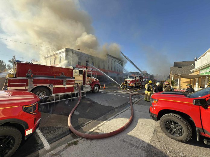 Smoke billows out of the historic building housing Kawartha Home Hardware at 24 Queen Street in downtown Lakefield on October 9, 2025. (Photo: Mike Quigg) Smoke billows out of the historic building housing Kawartha Home Hardware at 24 Queen Street in downtown Lakefield on October 9, 2025. (Photo: Mike Quigg)