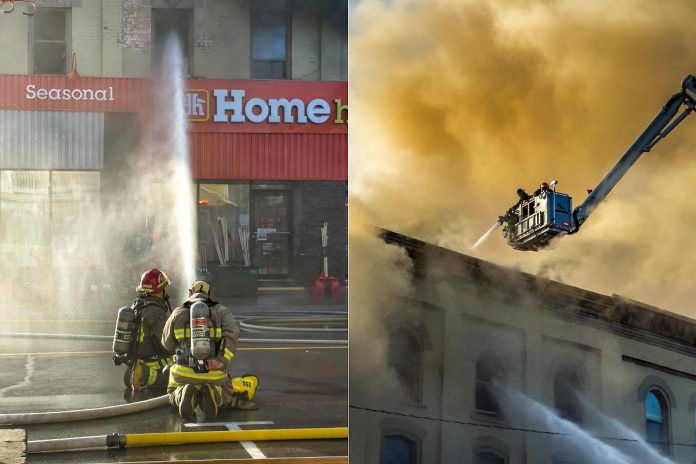 Firefighters battle a blaze at the historic building housing Kawartha Home Hardware at 24 Queen Street in downtown Lakefield on October 9, 2025. (Photos: Mike Quigg)