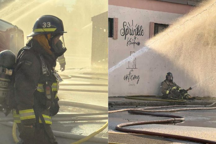 Firefighters battle a blaze at the historic building housing Kawartha Home Hardware at 24 Queen Street in downtown Lakefield on October 9, 2025. (Photos: Mike Quigg)