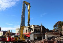 The Kawartha Home Hardware building at 24 Queen Street, which was destroyed by fire on October 9, 2025, is being demolished because of extensive structural damage and urgent safety concerns. (Photo: James Forrester)