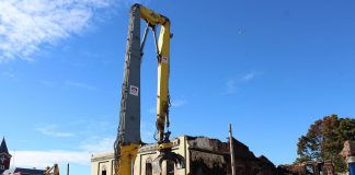 The Kawartha Home Hardware building at 24 Queen Street, which was destroyed by fire on October 9, 2025, is being demolished because of extensive structural damage and urgent safety concerns. (Photo: James Forrester)