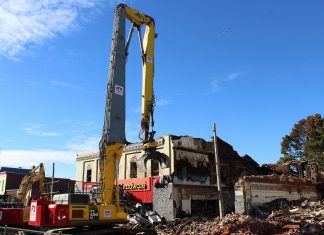 The Kawartha Home Hardware building at 24 Queen Street, which was destroyed by fire on October 9, 2025, is being demolished because of extensive structural damage and urgent safety concerns. (Photo: James Forrester)