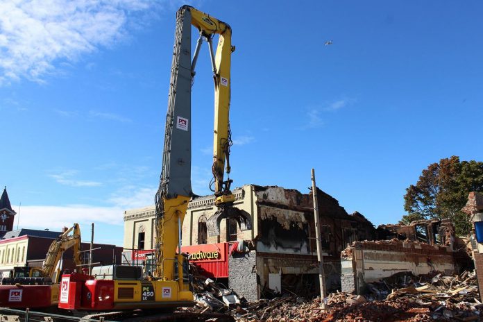 The Kawartha Home Hardware building at 24 Queen Street, which was destroyed by fire on October 9, 2025, is being demolished because of extensive structural damage and urgent safety concerns. (Photo: James Forrester) The Kawartha Home Hardware building at 24 Queen Street, which was destroyed by fire on October 9, 2025, is being demolished because of extensive structural damage and urgent safety concerns. (Photo: James Forrester)