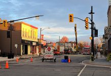 Queen Street in downtown Lakefield is scheduled to reopen at 8 a.m. on October 24, 2025, as demolition work of the fire-ravaged Kawartha Home Hardware building no longer requires the street to remain closed. The demolition site at 24 Queen Street will remain fenced off, with a temporary pedestrian walkway installed in front of the site. (Photo: Selwyn Township)