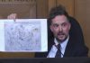 Peterborough city councillor Alex Bierk displays an "intake clinic hazard map," from a 2017 Unifor report detailing the toxic chemical exposures at the General Electric site between 1945 and 2000, during a general committee meeting on October 6, 2025 when council considered a notice of demolition of a large number of vacant buildings at the historic factory complex at 107 Park Street North. (kawarthaNOW screenshot of City of Peterborough video)