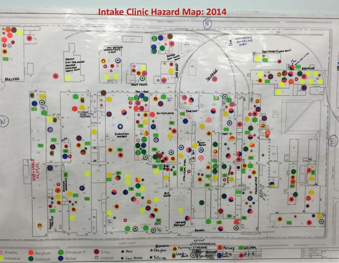 A copy of the "intake clinic hazard map" from a 2017 Unifor report detailing the toxic chemical exposures at the General Electric site between 1945 and 2000, showing locations within the site where hazardous materials including arsenic, asbestos, chromium, and uranium were used or stored. (Source: 2017 Unifor report)