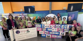 Peterborough Regional Health Centre (PRHC) Foundation president and CEO Lesley Heighway (third from left) accepts a cheque for $400,104.01 from Peterborough's Dragon Boat Festival representing the proceeds raised at the 24th edition of the festival held on June 14, 2025 at Del Crary Park. The record-breaking donation exceeded the 2025 fundraising goal of $260,018.01 by over $140,000, bringing the total amount raised since 2001 to $4.9 million for cancer screening, diagnosis, and treatment in the Peterborough region. (Photo courtesy of Peterborough's Dragon Boat Festival)