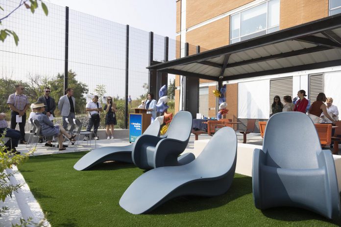 At the celebratory opening on August 6, 2025 of the donor-funded psychiatric intensive care unit (PICU) courtyard at Peterborough Regional Health Centre (PRHC), PRHC Foundation President and CEO Lesley Heighway spoke to a crowd of donors and media, noting that major hospitals in the Toronto area whose PICU patients don't have access to the outside have been looking at what PRHC has done. (Photo courtesy of PRHC Foundation)