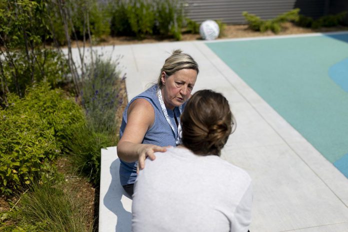 Considered the "new gold standard" in mental health care, the new donor-funded psychiatric intensive care unit (PICU) courtyard at Peterborough Regional Health Centre (PRHC) features seating areas in various configurations for patients seeking solitude, open gathering areas for group activities and social connections, a tactile recreation surface, and other features that were designed to support therapeutic best practices. (Photo courtesy of PRHC Foundation)