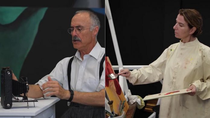 David Russell as American photographer and modern art promoter Alfred Stieglitz and Gayle Fraser as American modernist painter and draftswoman Georgia O'Keeffe during a rehearsal for the Peterborough Theatre Guild's production of "291" by Jade O'Keeffe, which runs for nine performances from November 1 to 15, 2025. (kawarthaNOW screenshots of Peterborough Theatre Guild video)