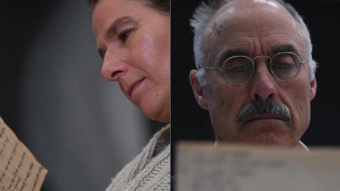 Gayle Fraser as American modernist painter and draftswoman Georgia O'Keeffe and David Russell as American photographer and modern art promoter Alfred Stieglitz during a rehearsal for the Peterborough Theatre Guild's production of "291" by Jade O'Keeffe, which runs for nine performances from November 1 to 15, 2025. Over three decades from 1915 to 1946, the couple exchanged more than 5,000 handwritten letters. (kawarthaNOW screenshots of Peterborough Theatre Guild video)