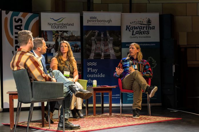 During the inaugural Regional Tourism Summit hosted by Regional Tourism Organization 8 (RTO8) at the Capitol Theatre in Port Hope on October 21, 2025, Bannikin managing partner Trevor Jonas Benson (far right) led a panel discussion on agritourism with (left to right) Topsy Farms co-owner Jacob Murray, Agritourism Ontario CEO Kevin Vallier, and Wanderlight Alpaca Experience founder Katie Maitland. The conversation explored why agritourism is becoming so popular and how authenticity is the key to helping visitors form connections to the land. (Photo courtesy of RTO8)