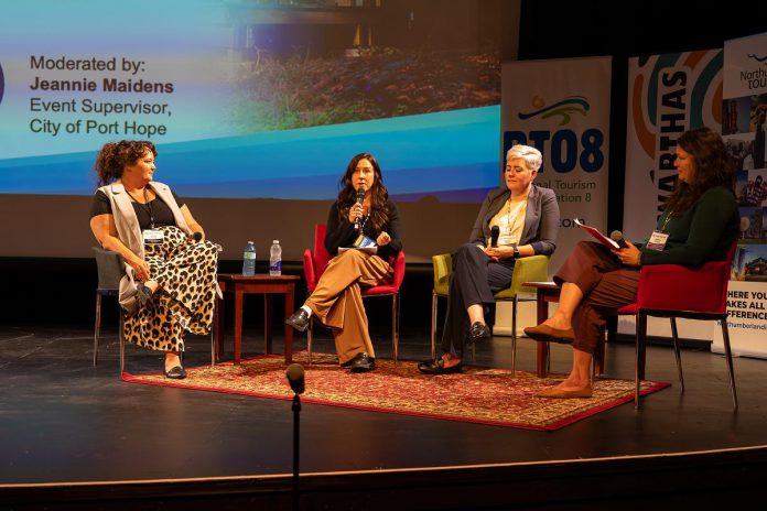 In the final panel of the day during the inaugural Regional Tourism Summit hosted by the Regional Tourism Organization 8 (RTO8) at the Capitol Theatre in Port Hope on October 21, 2025, Municipality of Port Hope events supervisor Jeannie Maidens (right) moderated a discussion about partnerships for event planning. Panellists included (left to right) RTO8 special projects manager Hillary Flood, Harmony Marketing head of marketing and partnerships Victoria Mahoney, and City of Quinte West manager of communication and community engagement Rebecca Cotter. Among other topics, the panellists discussed how to find event partners, the benefits of working with the municipality, and how to effectively communicate event changes to an audience. (Photo courtesy of RTO8)