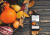 A smartphone sitting on a harvest table covered with squash and fall leaves displaying kawarthaNOW's Thanksgiving Monday 2025 holiday hours story. (kawarthaNOW photo)