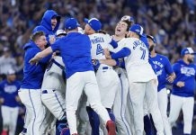 The Toronto Blue Jays celebrate after defeating the Seattle Mariners on October 20, 2025 to win the American League pennant, sending them to the World Series for the first time in 32 years. (Photo: Major League Baseball)